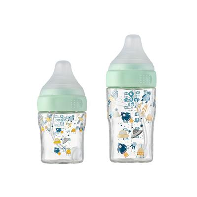 China Amazon Selling BPA Food Grade Silicone Baby Bottle Hot Liquid Free Nipple Wide Mouth Borosilicate Glass Baby Bottle for sale