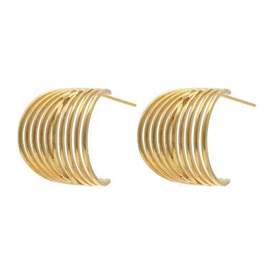 China CLASSIC New Design Classic Style Brass Plated With 14K Gold C-Shape Stripe Design Women Girl Jewelry Circle Streamline Earring for sale