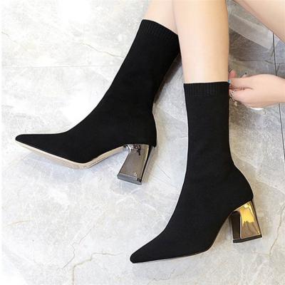 China 2019 Fashion Anti-Smell Women's Black Stretch Sock Booties Heels Chunky High Heels Pointed Toe Shoes for sale