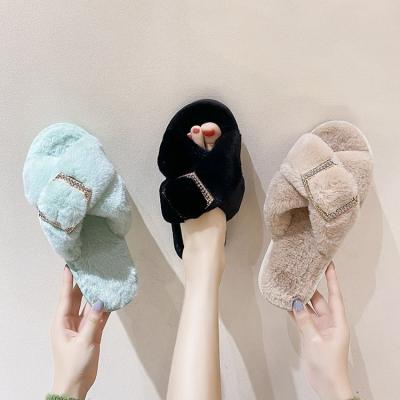 China 2022 Cushioning Comfortable Unique Lady Men Slides Plush Slippers Soft Toe Fashion Winter Rubber Warm Open Faux Fur for Women Cotton Bedroom for sale