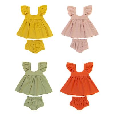 China Antibacterial Kids Baby Clothes Outfit Set Ruffle Sleeve Solid Color Tops + Color Solid Color Shorts Summer Clothes Dress for sale