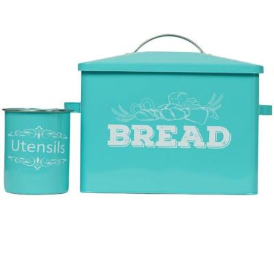 China Heatable Metal Bread Box With Utensil Holder Set With Sky Blue Powder Coating for sale