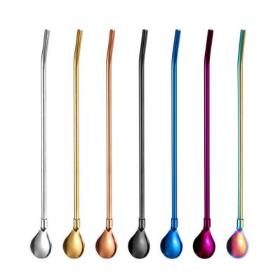 China Disposable Titanium Plated Creative 304 Stainless Steel Color Straw Mate Tea Filter Straw Spoon Coffee Stirring Spoon for sale