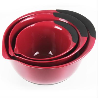 China Sustainable 3 piece nesting mixing bowls with easy grip rubber handles pour spout and non bottom slide for sale