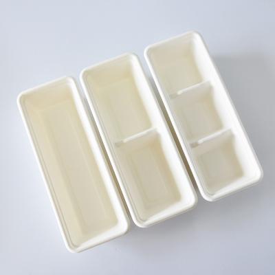 China Disposable 100% Biodegradable Bamboo Food Container Bagasse 3 Compartment Tray Take Away for sale