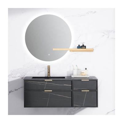 China Small bathroom cabinet EUROPEAN black matte rock and wood cabinet backkit led mirror cabinet vanity for sale