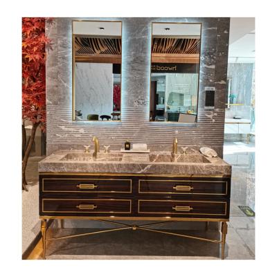 China Gold hardware EUROPE luxury bathroom cabinet with smooth smart mirror for 5 star villa hotels for sale