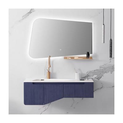 China 2021 EUROPEAN China Foshan modern wood blue color bathroom cabinet 36 inch vanity led light mirror washroom cabinet for sale