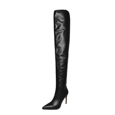 China Waterproof High Quality Women Wide Fit Pointed Toe Ladies Fashion Fold Over Leather Thigh High Boot for sale