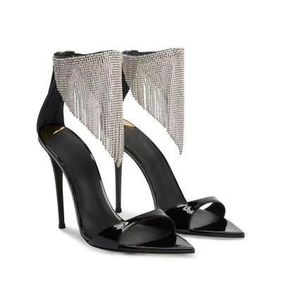 China Anti-Odor Fashion New Design Custom Ladies Summer Black Party Tassel Rhinestone Women High Heel Sandals for sale