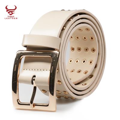 China FULL GOLD BUCKLE FREE 2021 Hot Sales Women Black Wide Punk Style Rivet Stud Genuine Leather Belt For Lady for sale