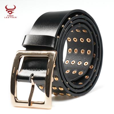 China FULL GOLD BUCKLE FREE 2021 new style women genuine leather belt women grommet stud punk wide black rivet for sale