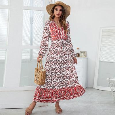 China European and American dress NEW 2022 spring new V-neck high waist breathable border fashion printed long dress for sale