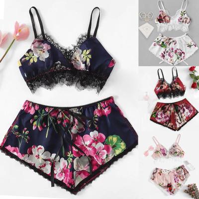 China QUICK DRY Custom Floral Silk Cami Shorts Pajamas Women Crop Top Sleepwear Pajamas Set Satin Nightgowns For Women for sale