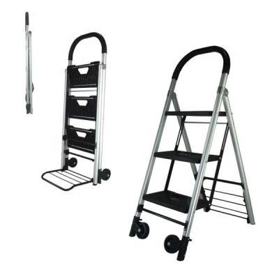 China Folding Ladders 2-in-1 Step Ladder Convertible Aluminum Folding Hand Truck Cart Cart with Two Wheels (3 Steps) for sale