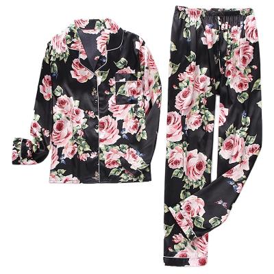 China Hot Selling QUICK DRY Silk Floral Print Long Sleeve Satin Pajamas Women Home Suit Pants Set for sale