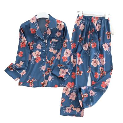 China OEM QUICK DRY custom print long sleeve sleepwear home suit silk floral women's pajama set for sale