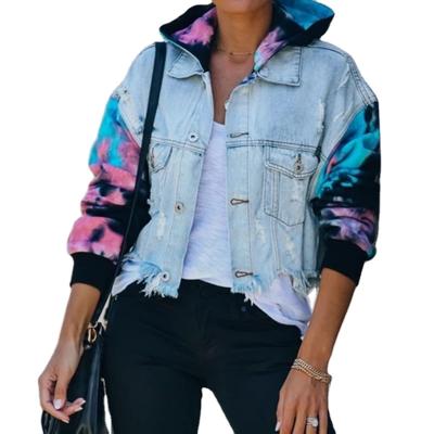 China 2021 New Arrival Denim Ripped Tassels Anti-wrinkle Tie Dye Hooded Coat Sweater Hoodie Women's One-Piece Jacket for sale