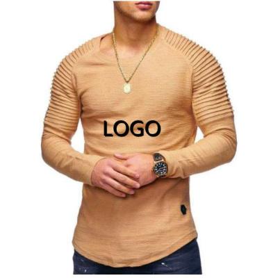 China Anti-Wrinkle OEM Simple Casual Slim Pleats Striped Round Neck Pullover Full Custom Long Sleeve T-shirt Men for sale