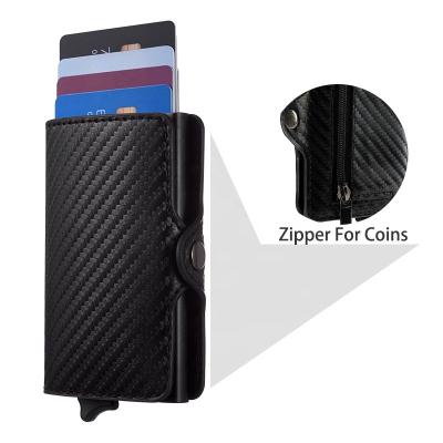 China Fashion Wholesale Carbon Fiber Zipper Card Wallet Pop Up RFID Blocking Card Holders Pop Up Slim Money Clip for sale