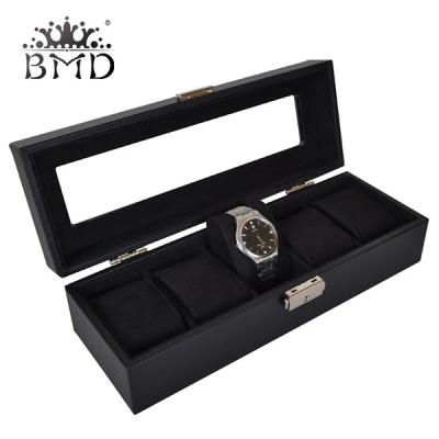 China Wedding 5 Mens Watch Boxes Glass Tops Leather Watch Box for sale