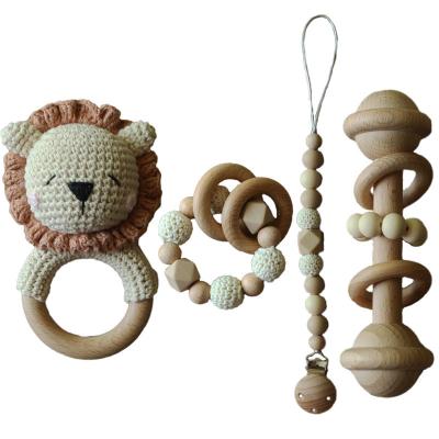 China Handmade Baby Teether Toy Hot Sale Wooden Baby Crochet Rattle Teether Baby Teething Toys Set Newborn Gift Box for sale