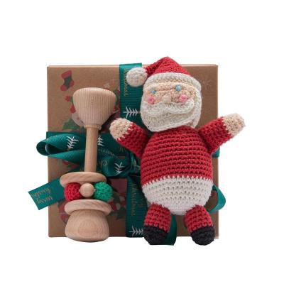 China Baby Teething Toy Newborn Gifts Christmas Beech Wood Deer Teethers Crochet Wooden Baby Rattle Toy Set for sale