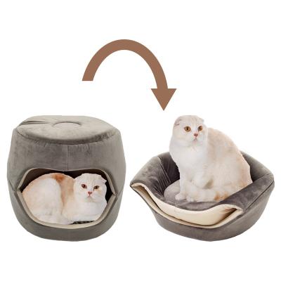 China Wholesale Breathable Heated 2 In 1 Foldable Machine Washable Cave Form High Elastic Foam Pet Cat Bed For Cats And Small Dogs for sale