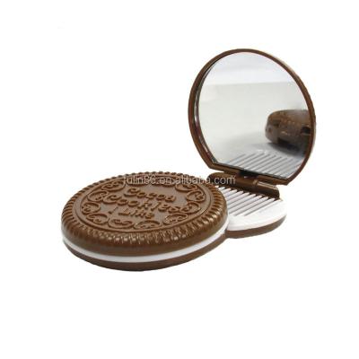 China Led Travel Make Up Mirror , Cute New Cookie Shaped Portable Compact Make Up Mirror With Comb for sale