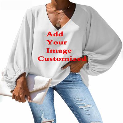 China Elegant long sleeve anti-shrink blouse for women print white chiffon women's V-neck casual tops and blouses custom made on demand apparel for sale