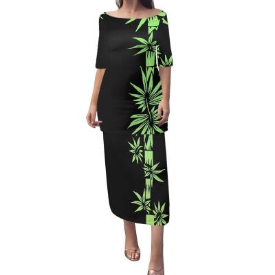 China Breathable Puletasi Dress Samoan Tongan Print Off The Shoulder Polynesian Tribal Design Short Sleeve Dress Sets Black Puletasi Dresses for sale