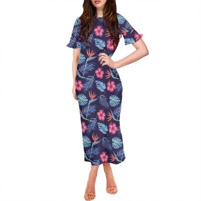 China Custom Oversized Women's Evening Modest Dress 2023 Ladies Maxi Dress Summer Tropical Floral Print Anti-Static Short Sleeve Dress Factory for sale