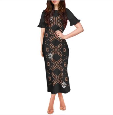 China Breathable Drop Shipping Samoa Women Summer Polynesian Tribal Dress Tapa Black Print Petals Sleeve Island Ladies Custom Made Elegant Dresses for sale