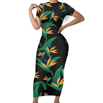 China Women Breathable Casual Dress For Summer 2023 Ladies Custom Polynesian Tribal Bird Paradise Flower Print Bodycon Maxi Black Dress for sale