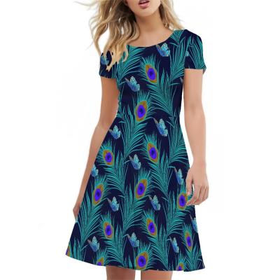 China Breathable Custom Peacock Feather Print Short Sleeve Knee Length Dresses POD Modest Women Summer Formal Casual 2023 Office Dresses for sale