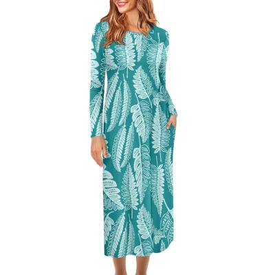 China Custom Sleeve Maxi Dress For Office Work Casual Wear 2023 Modest Elegant Breathable Fern Print Ladies Loose Swing Women Long With Pocket for sale