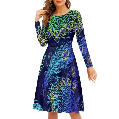 China Breathable Custom Peacock Feathers Printing 2023 Spring 2023 Casual Dress Flower Design New Arrival O Neck Long Sleeve Dress Midi Dress for sale