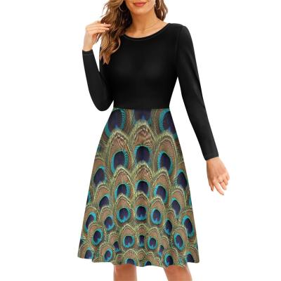 China Spring 2023 Sweater Dress Breathable Design Custom Drop Shipping O Neck Peacock Feathers Printing Casual Long Sleeve Midi Dress for sale