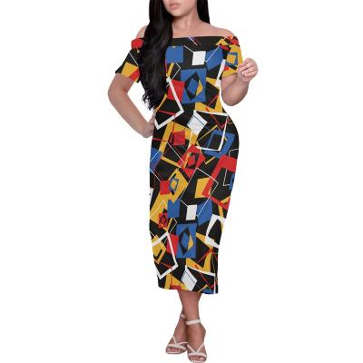 China Breathable Summer Women Vintage Dresses 2023 Custom Color Block Elegant Short Sleeve Off Shoulder Tight Evening Cocktail Midi Dress for sale