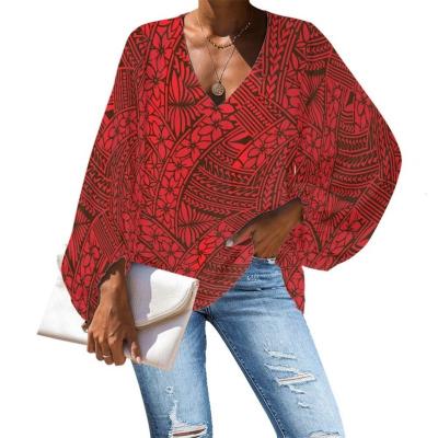 China Breathable Red Samoan Designs Polynesian Tribal Print Woman Shirts And Special Custom Shirts Blouses For Ladies Chiffon Blouses for sale