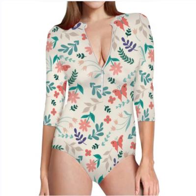 China Wholesale Plus Size Floral Design Pattern Sexy Half Sleeve Hawaiian Deep Sleeve Bikini Beach Swimwear Stretchy Zipper Women's V One Piece Swimsuit for sale