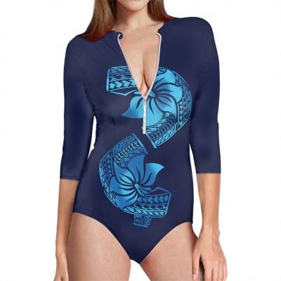 China Custom Polynesian Tribal Samoa Focus Sketch New Polyester Spandex Stretch Half Sleeve Bikini One Piece Plus Zipper Surfing Swimsuit for sale