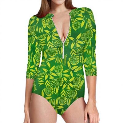 China One Piece Bikini Surfing Swimwear Plus Size Fitness Half Zip Vest Swimsuit Girls Polynesian Print Women Custom Tribal Rash Half Sleeve for sale