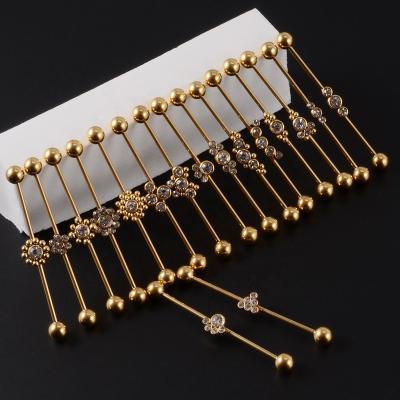 China Wholesale Crystal Gold Industrial Women Fashion Jewelry Steel Cross Piercing Barbell Long Romantic Clear Bridge Earring for sale