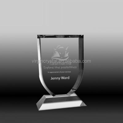 China Wholesale Europe New Design Crystal Glass Shield Shape Trophy Award Empty Plaques For Business Souvenir for sale