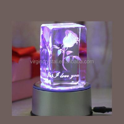 China Wholesale Special Europe Design 3d Laser Etched Crystal Rose With LED Base For Wedding Favors Gift for sale