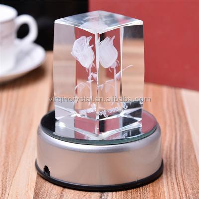 China 3D Screw Laser Engraved Crystal Rose Pattern With Plastic Led Light Base For Office Desk Display for sale