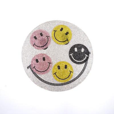 China Pointback Hot Selling Popular Hotfix Iron On Denim Custom Cute Smiley Face Rhinestone Logo Patch For T Shirts for sale