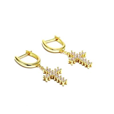 China Europe and America China Made 18k Gold Personalized Hiphop Earrings Small Zircon Cross Earrings Drop Cross Earrings for sale