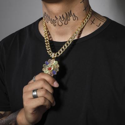 China Hiphop Spinning Hip Hop Ice Out Sun Colorful Flower Cuban Link Necklace Diamond Pendant Necklace for sale